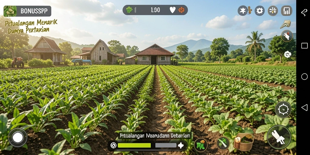 Tangkapan layar gameplay BONUSRP menampilkan ladang subur dan aktivitas bertani.