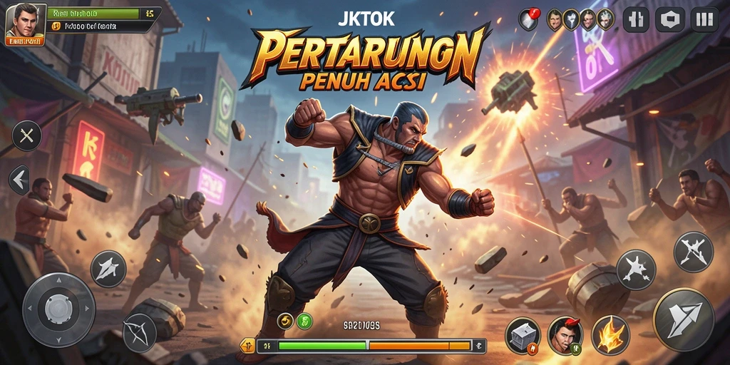 Screenshot utama JKTOK menampilkan pertarungan epik antara dua karakter bertarung.