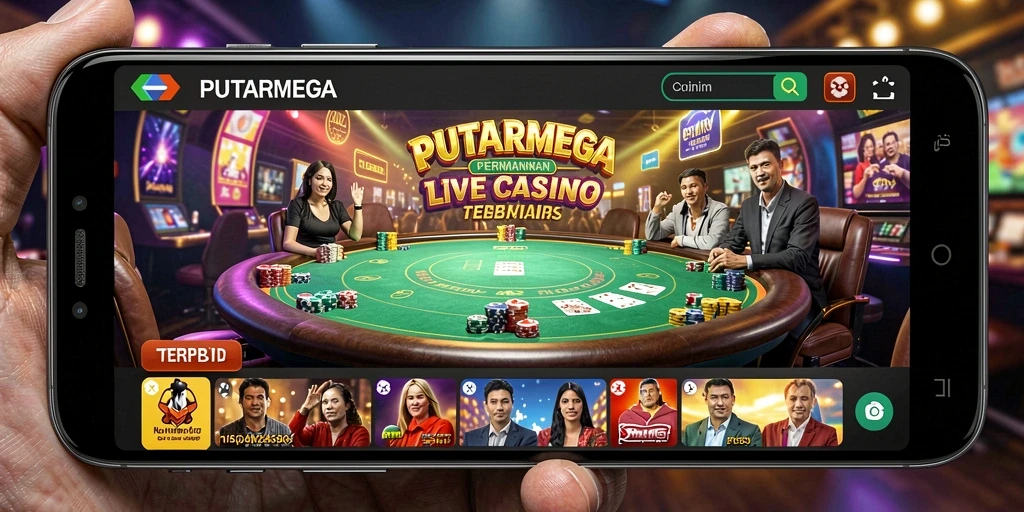 Screenshot gameplay PUTARMEGA menunjukkan interaksi dealer langsung yang seru.