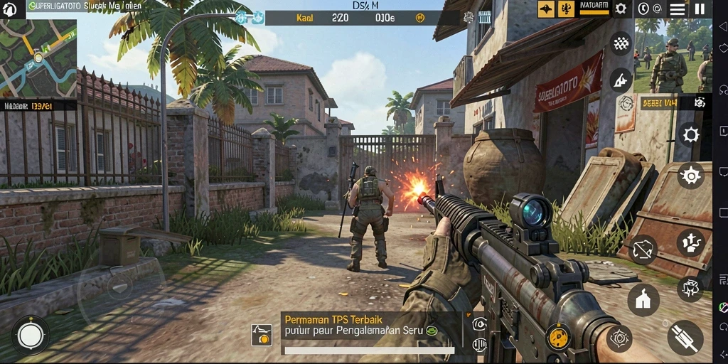 Screenshot SUPERLIGATOTO menampilkan pertarungan intens di arena TPS.